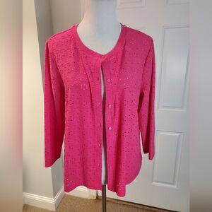 LOGO By Lori Goldstein Stretch Eyelet Pink Button-Front Cardigan